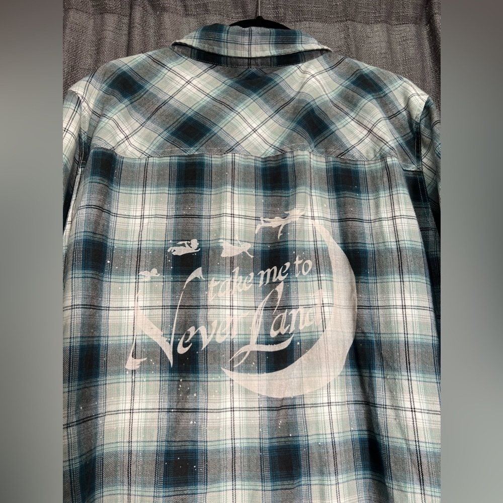 Disney Peter Pan Take Me To Neverland Blue/Black/White Plaid Button Down Top